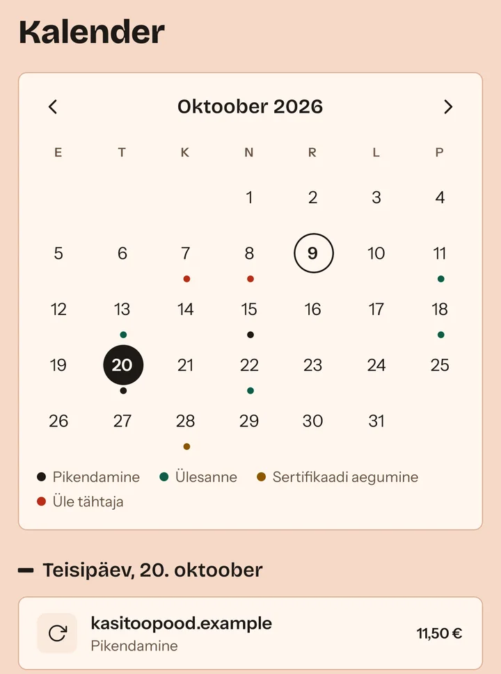 Kalender: 2026. aasta oktoobri kuuvaade, kus on märgitud pikendamised, ülesanded ja sertifikaadi aegumine, ning valitud päeva tähtajad.