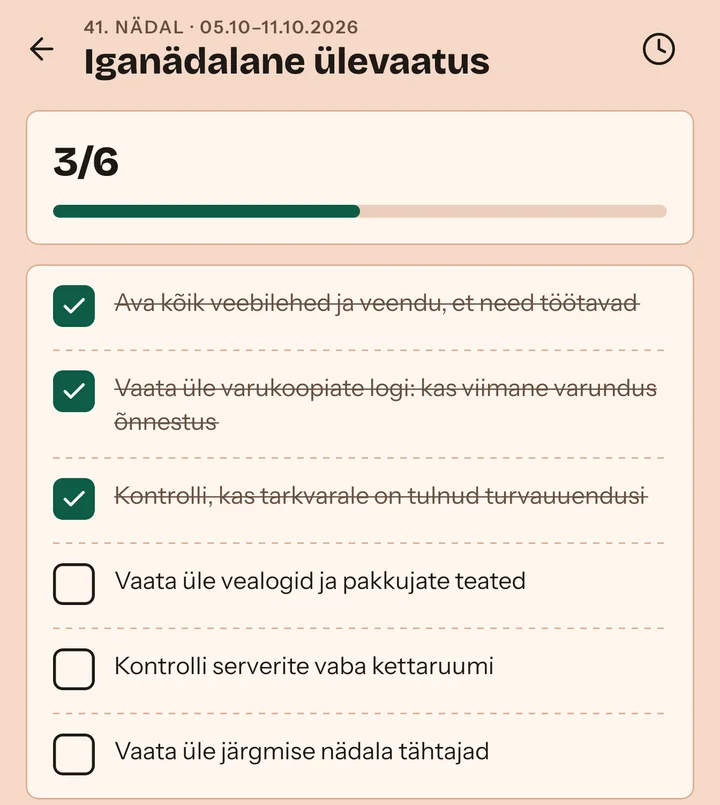 Iganädalane kontrollnimekiri: kolm punkti kuuest on märgitud tehtuks, edenemisriba näitab 3/6.