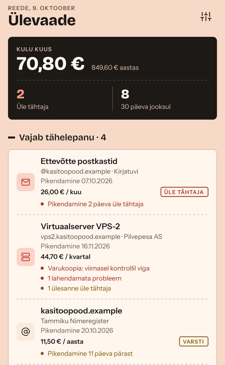 Rakenduse avaleht näidisandmetega: kulu kuus 70,80 € ja aastas 849,60 €, 2 tähtaega üle tähtaja, 8 tähtaega 30 päeva jooksul ning tähelepanu vajavad ressursid koos põhjustega.