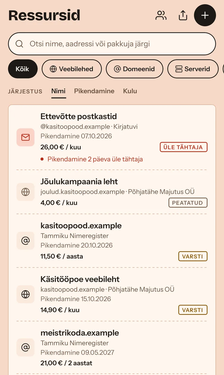 Ressursside kataloog: otsing, liigifiltrid ning veebilehed, domeenid, serverid ja teenused koos pikendamise kuupäeva ja hinnaga.